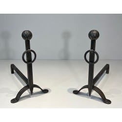 Pair of Hammered Wrought Iron Andirons, French Work, Circa 1950