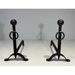 Pair of Hammered Wrought Iron Andirons, French Work, Circa 1950