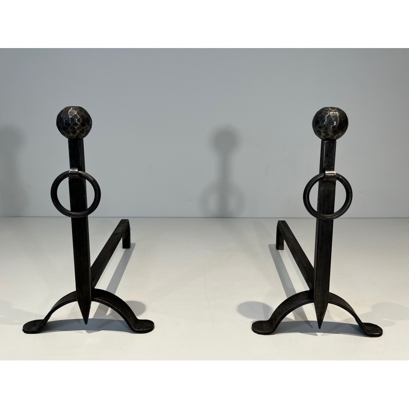 Pair of Hammered Wrought Iron Andirons, French Work, Circa 1950