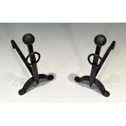 Pair of Hammered Wrought Iron Andirons, French Work, Circa 1950