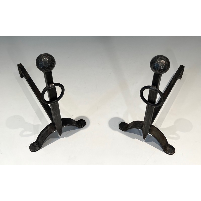 Pair of Hammered Wrought Iron Andirons, French Work, Circa 1950