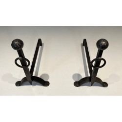 Pair of Hammered Wrought Iron Andirons, French Work, Circa 1950