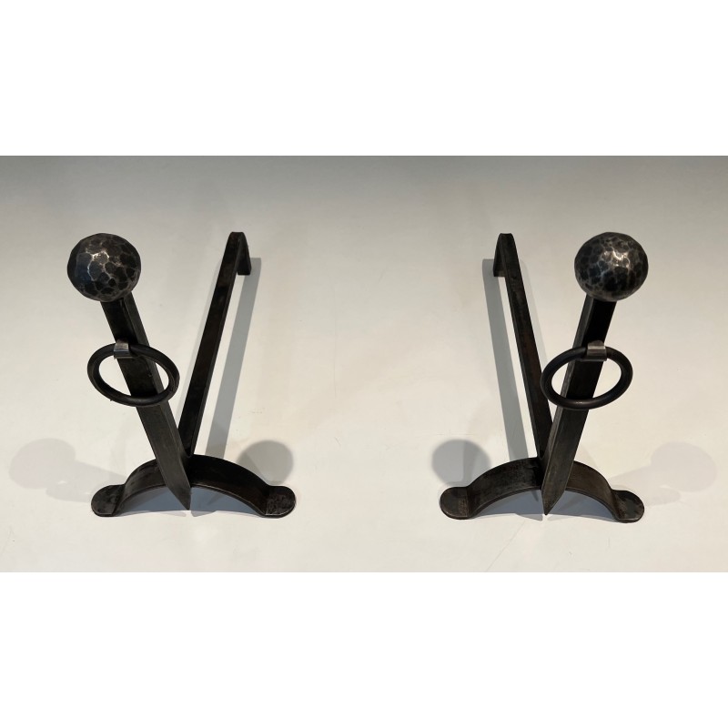 Pair of Hammered Wrought Iron Andirons, French Work, Circa 1950