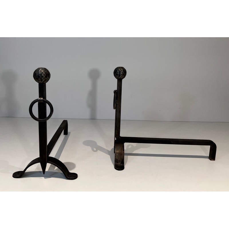Pair of Hammered Wrought Iron Andirons, French Work, Circa 1950