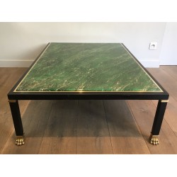 Coffee Table by Guy Lefèvre for Maison Jansen, Black Lacquered Metal, Brass and Malachite Resin, Circa 1970