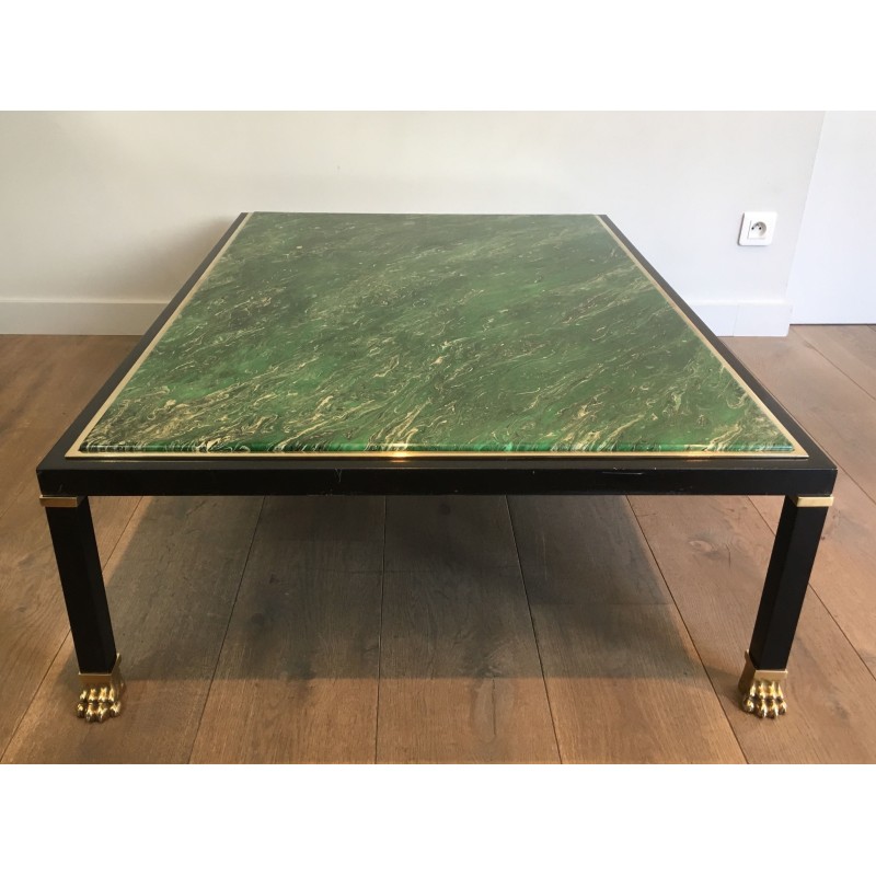 Coffee Table by Guy Lefèvre for Maison Jansen, Black Lacquered Metal, Brass and Malachite Resin, Circa 1970