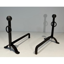 Pair of Hammered Wrought Iron Andirons, French Work, Circa 1950