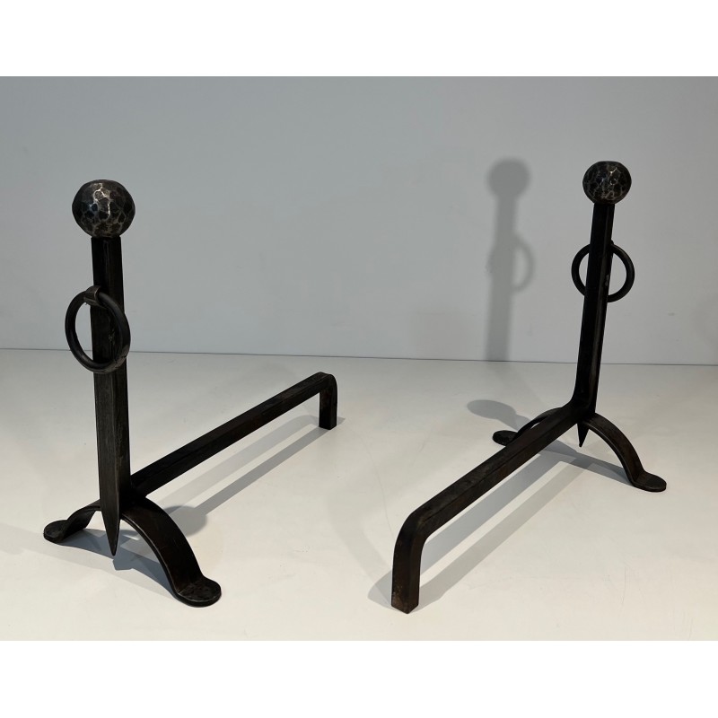 Pair of Hammered Wrought Iron Andirons, French Work, Circa 1950