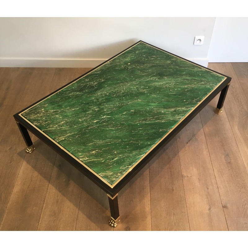 Table Basse de Guy Lefèvre pour la Maison Jansen, Métal Laqué Noir, Laiton et Résine Malachite, Vers 1970