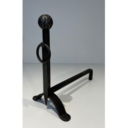 Pair of Hammered Wrought Iron Andirons, French Work, Circa 1950