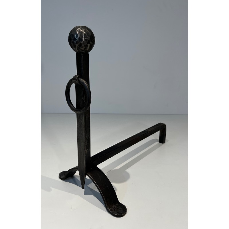 Pair of Hammered Wrought Iron Andirons, French Work, Circa 1950