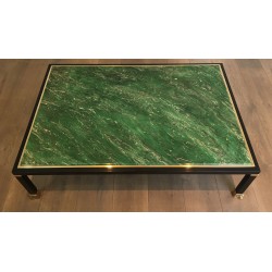 Table Basse de Guy Lefèvre pour la Maison Jansen, Métal Laqué Noir, Laiton et Résine Malachite, Vers 1970