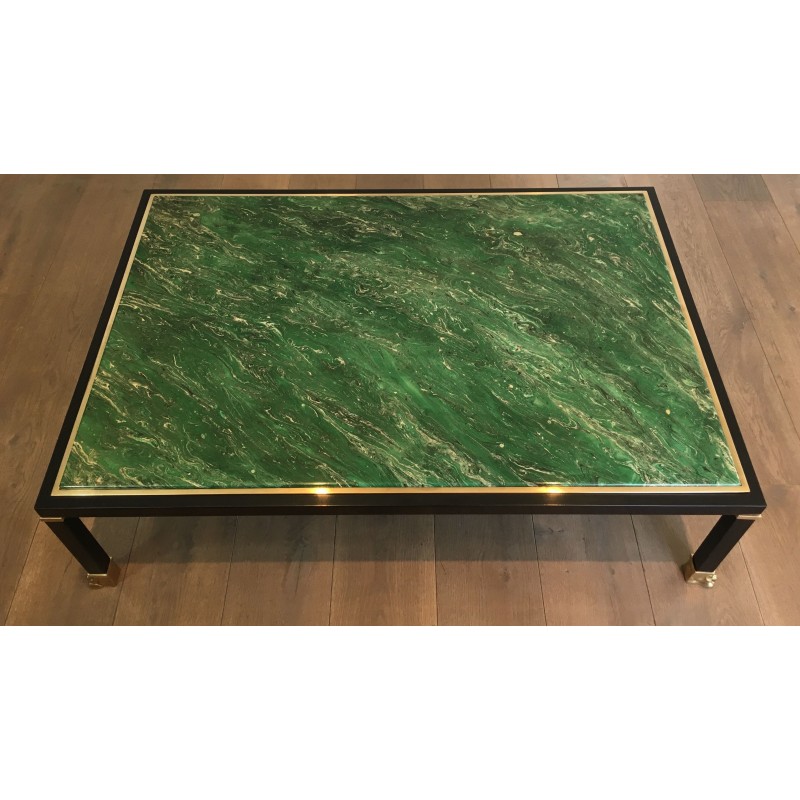 Coffee Table by Guy Lefèvre for Maison Jansen, Black Lacquered Metal, Brass and Malachite Resin, Circa 1970