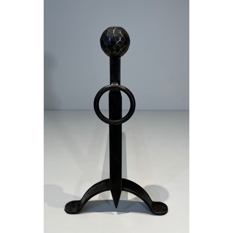 Pair of Hammered Wrought Iron Andirons, French Work, Circa 1950