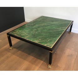 Table Basse de Guy Lefèvre pour la Maison Jansen, Métal Laqué Noir, Laiton et Résine Malachite, Vers 1970