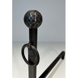 Pair of Hammered Wrought Iron Andirons, French Work, Circa 1950
