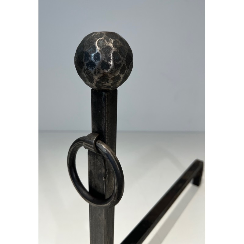 Pair of Hammered Wrought Iron Andirons, French Work, Circa 1950