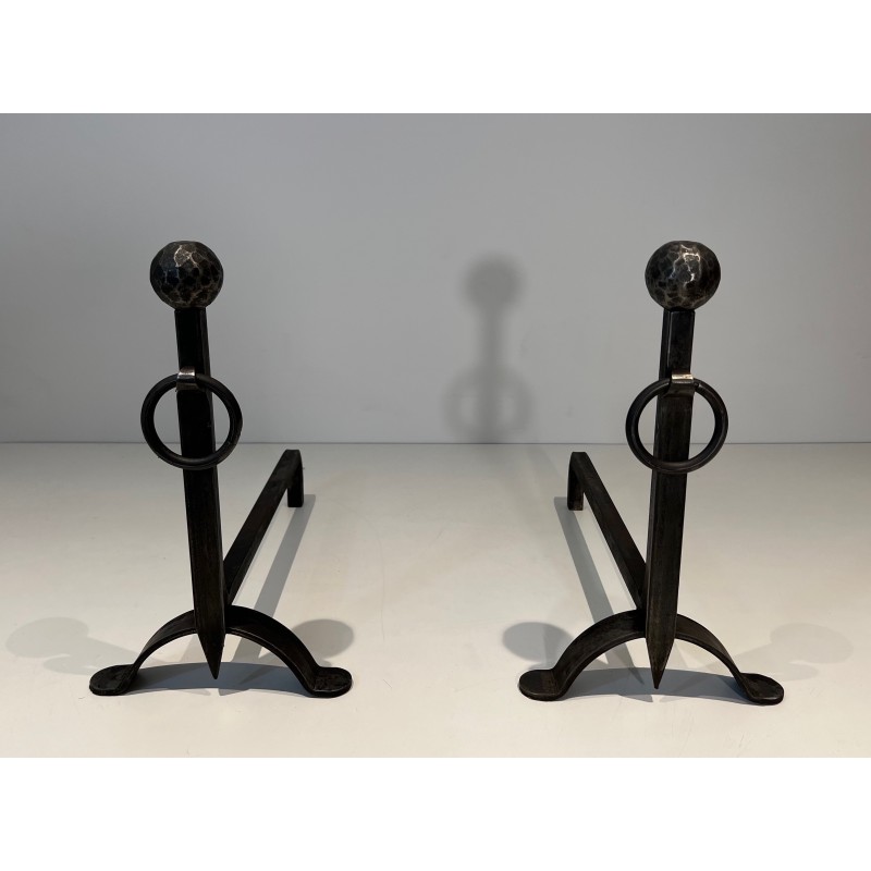 Pair of Hammered Wrought Iron Andirons, French Work, Circa 1950