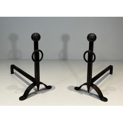 Pair of Hammered Wrought Iron Andirons, French Work, Circa 1950