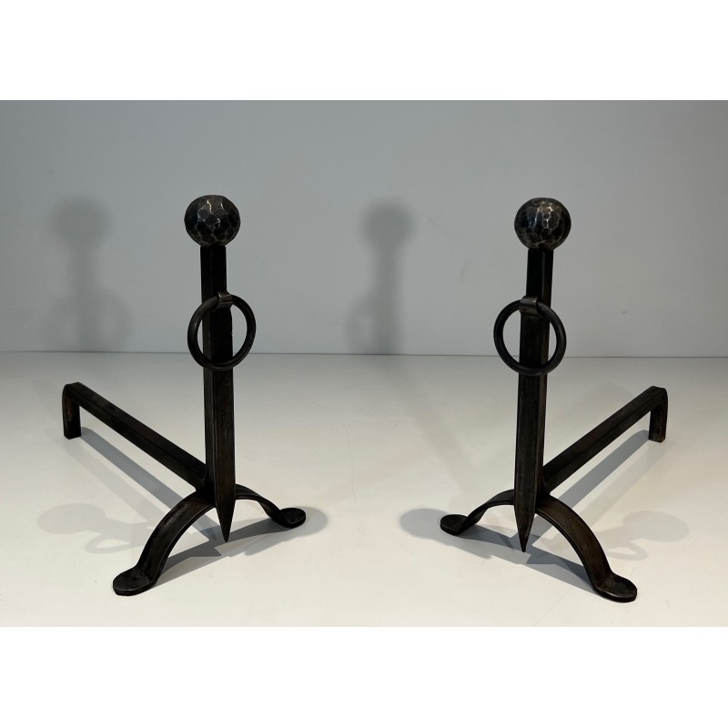 Pair of Hammered Wrought Iron Andirons, French Work, Circa 1950