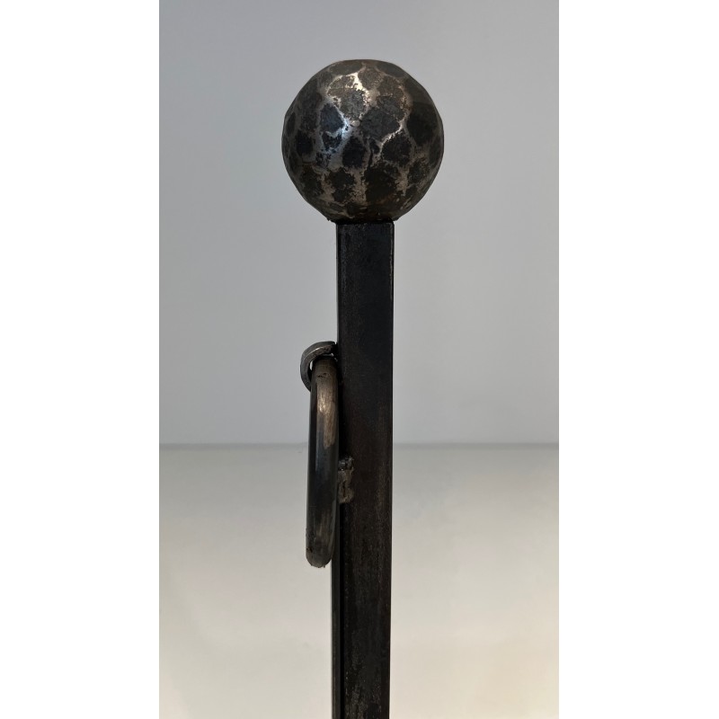 Paire de Chenets en Fer Forgé et Martelé, Travail Français, Vers 1950