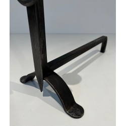 Pair of Hammered Wrought Iron Andirons, French Work, Circa 1950