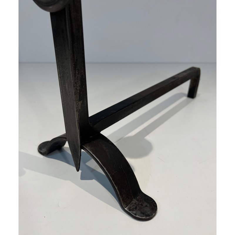 Pair of Hammered Wrought Iron Andirons, French Work, Circa 1950