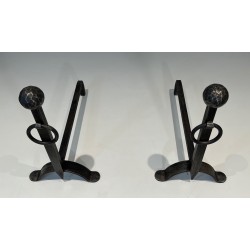 Pair of Hammered Wrought Iron Andirons, French Work, Circa 1950