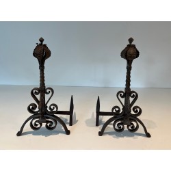 Pair of Wrought Iron Andirons Decorated with Foliage and Scrolls, French Work, Circa 1900