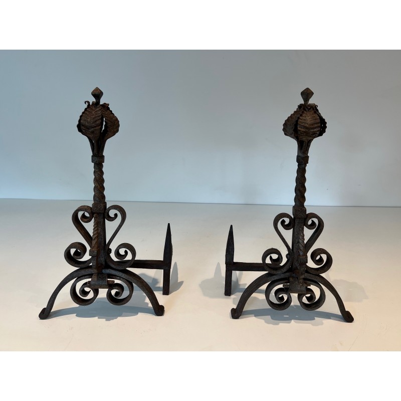 Pair of Wrought Iron Andirons Decorated with Foliage and Scrolls, French Work, Circa 1900