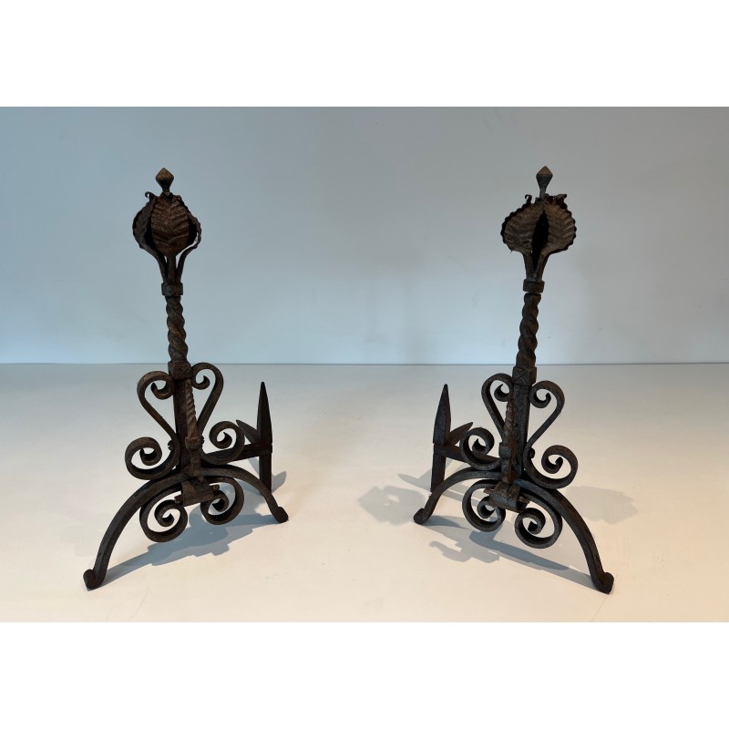 Paire de Chenets en Fer Forgé à Décors de Feuillages et Volutes, Travail Français, Vers 1900