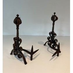 Pair of Wrought Iron Andirons Decorated with Foliage and Scrolls, French Work, Circa 1900
