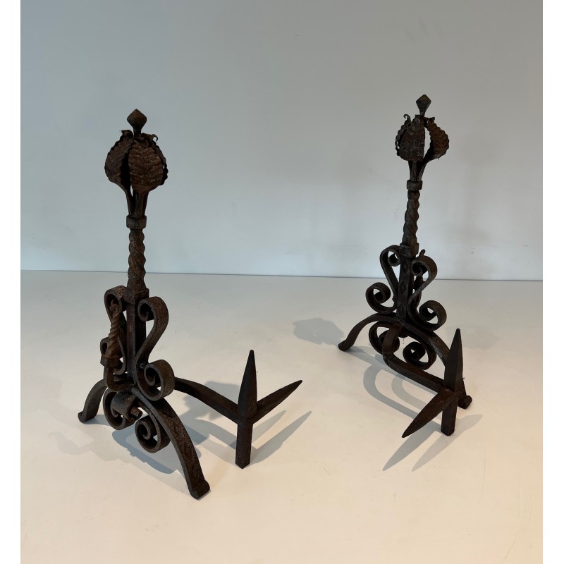 Pair of Wrought Iron Andirons Decorated with Foliage and Scrolls, French Work, Circa 1900