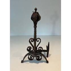 Paire de Chenets en Fer Forgé à Décors de Feuillages et Volutes, Travail Français, Vers 1900