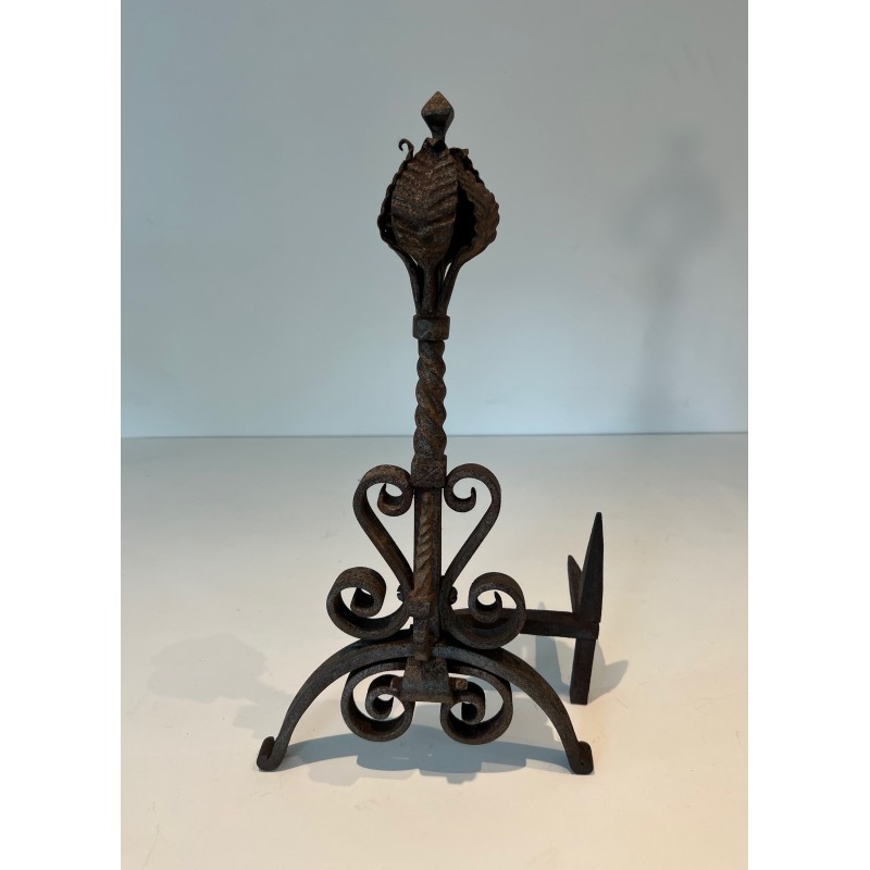 Paire de Chenets en Fer Forgé à Décors de Feuillages et Volutes, Travail Français, Vers 1900