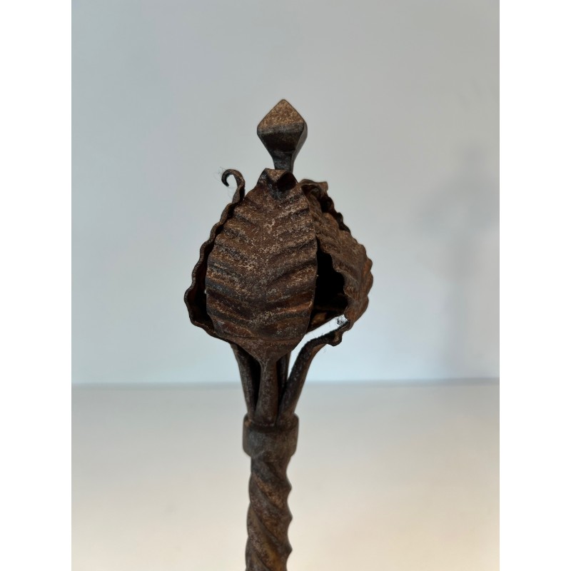 Pair of Wrought Iron Andirons Decorated with Foliage and Scrolls, French Work, Circa 1900