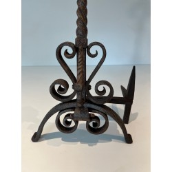 Pair of Wrought Iron Andirons Decorated with Foliage and Scrolls, French Work, Circa 1900