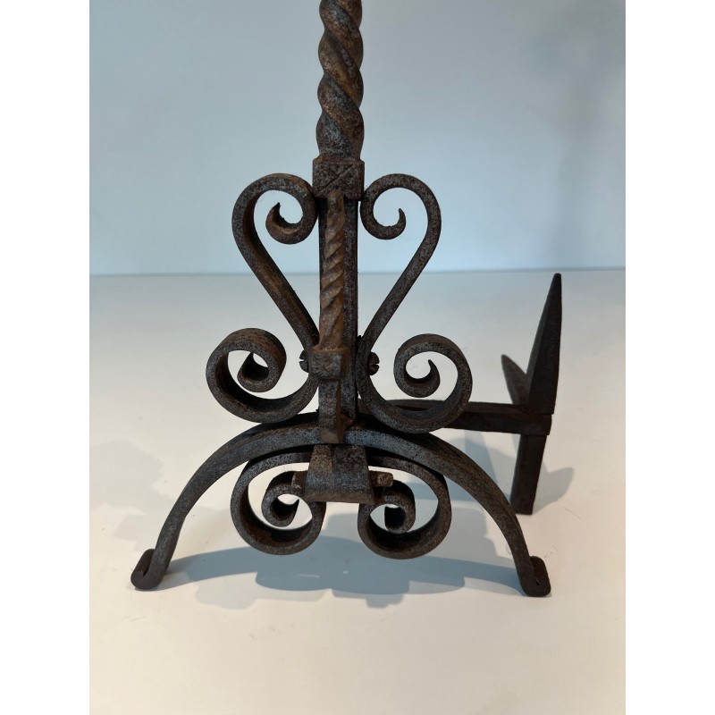 Pair of Wrought Iron Andirons Decorated with Foliage and Scrolls, French Work, Circa 1900