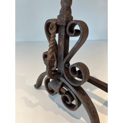 Paire de Chenets en Fer Forgé à Décors de Feuillages et Volutes, Travail Français, Vers 1900