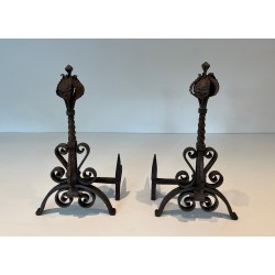 Paire de Chenets en Fer Forgé à Décors de Feuillages et Volutes, Travail Français, Vers 1900