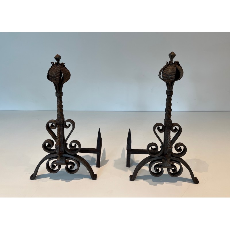 Pair of Wrought Iron Andirons Decorated with Foliage and Scrolls, French Work, Circa 1900