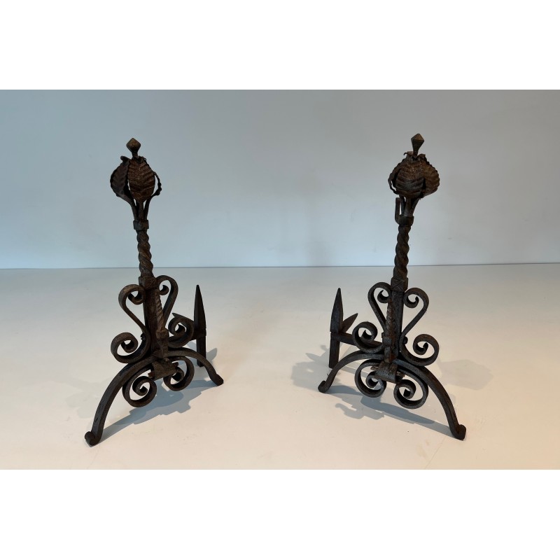 Pair of Wrought Iron Andirons Decorated with Foliage and Scrolls, French Work, Circa 1900