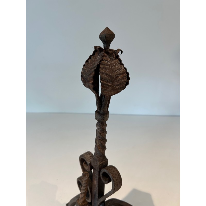 Paire de Chenets en Fer Forgé à Décors de Feuillages et Volutes, Travail Français, Vers 1900