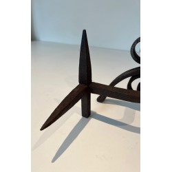 Pair of Wrought Iron Andirons Decorated with Foliage and Scrolls, French Work, Circa 1900