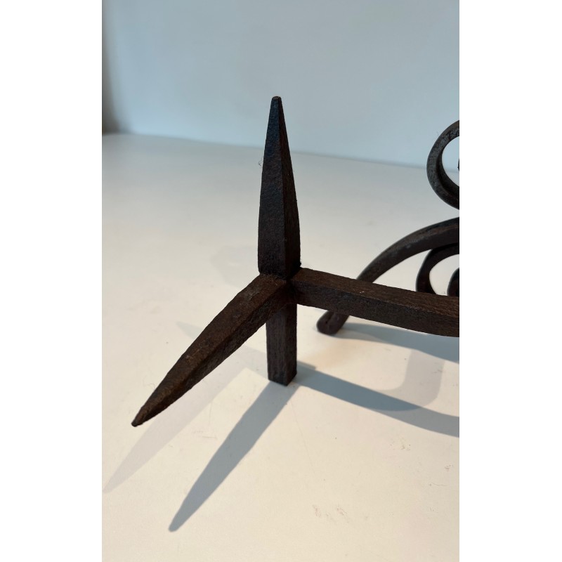 Pair of Wrought Iron Andirons Decorated with Foliage and Scrolls, French Work, Circa 1900