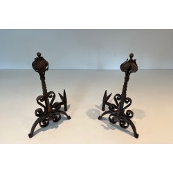 Paire de Chenets en Fer Forgé à Décors de Feuillages et Volutes, Travail Français, Vers 1900