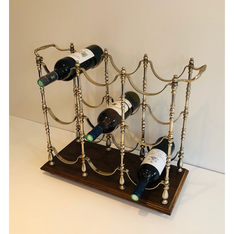 Silvered Metal Bottle Holder on Wooden Base, French Work, Circa 1960