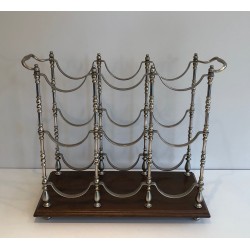 Porte-Bouteilles en Métal Argenté sur Socle en Bois, Travail Français, Vers 1960