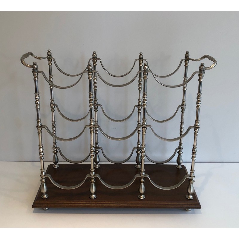 Porte-Bouteilles en Métal Argenté sur Socle en Bois, Travail Français, Vers 1960