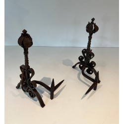 Paire de Chenets en Fer Forgé à Décors de Feuillages et Volutes, Travail Français, Vers 1900